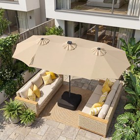 Guarda-sol Duplo Retangular de Exterior com base, 370 x 200 cm, 108 Luzes LED, Bege