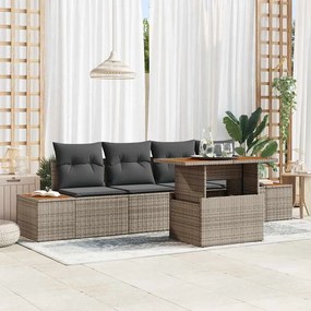 vidaXL Conjunto de Jantar de Jardim com 5 Peças com Almofadas Cinza em Rattan de Polietileno e Acácia