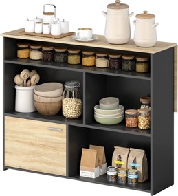 Mesa de bar extensível com aba 116 x 79,6 x 90,5 cm, mesa alta de cozinha, 1 armário e 4 compartimentos abertos, preta e efeito de madeira natural