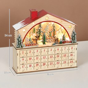 Calendário do Advento em Madeira com Luzes LED e 24 Gavetas Cena de Vila Decoração Natalícia 36x10x34 cm Madeira