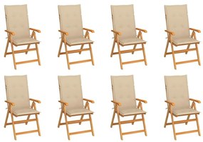 vidaXL Cadeiras de jardim reclináveis c/ almofadões 8 pcs teca maciça