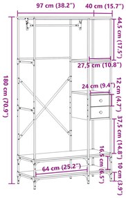 Charriot/Suporte p/ roupas c/ prateleiras deriv. madeira cinzento sono