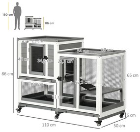 Coelheira de Madeira Interior Gaiola para Coelhos de 2 Níveis com Rodas 2 Rampas 3 Bandejas Amovíveis 110x50x86 cm Cinza