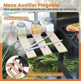 Grelhador a carvão para churrasco ao ar livre com mesa lateral dobrável Termóstato Prateleira de armazenamento preto
