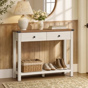Mesa consola estreita 100 x 24 x 76 cm com gavetas em madeira, nas cores branco e castanho