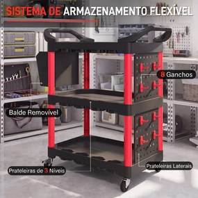 Carrinho de Ferramentas  de 3 Níveis com Painéis Perfurados, Ganchos, Balde de Arrumação e Rodas, Preto e Vermelho
