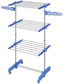 HOMCOM Estendal para Roupa Dobrável 80x55x152cm com 6 Rodas e 3 Prateleiras com Altura Ajustável de Aço Inoxidável Prata e Azul