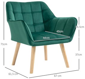 Poltrona Moderna Poltrona de Leitura Estofada em Veludo com Assento Amplo Pés em Madeira  67x61,5x71 cm Verde