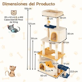 Arranhador para Gatos 85 x 42 cm x 159 cm com 2 Casas Percha de Pelúcia Removível Postes de Sisal para Arranhar Amarelo