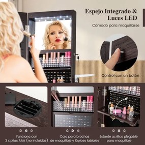 Armário para joias 56 cm x 164 cm giratório em 360° com espelho, luzes LED, fechadura e prateleira traseira em castanho escuro