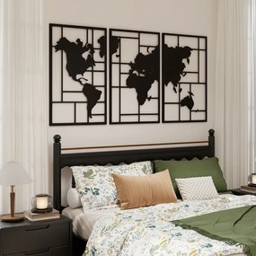 Decoração de Parede em Metal com Mapa Múndi Conjunto de 3 Peças Quadros de Parede Metálicos Preto