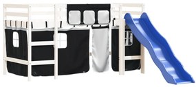 Cama alta criança c/ cortina 80x200cm pinho maciço branco/preto