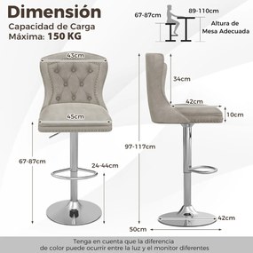 Conjunto de 2 bancos de bar estilo holandês em veludo com apoio para os pés Base metálica giratórios ajustável Cinzentos e prateados