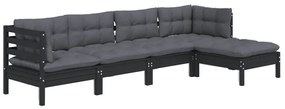 5 pcs conjunto lounge de jardim c/ almofadões pinho preto