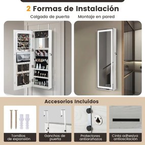 Armário para jóias com espelho LED 120 cm Luzes LED para espelhos 3 cores Espelho para maquilhagem e fecho magnético da porta Branco