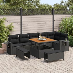 Conjunto de Sofá de Jardim vidaXL 9 Peças com Almofadas Preto Rattan A