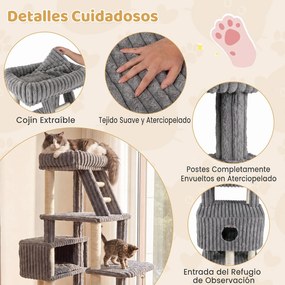 Árvore para Gatos Multinível, 91 x 61 x 180 cm, Base Ampla Antitombamento, Cinzento