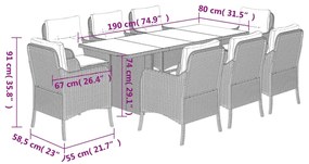 9 pcs conjunto de jantar p/ jardim c/ almofadões cinzento claro