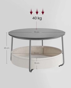 Mesa de centro redonda com cesto em tecido 75 x 45 cm cinzento + branco creme
