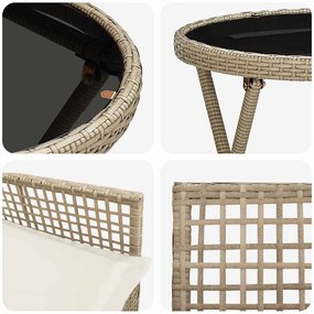 Conjunto de Bistro de Jardim 3 Peças com Almofadas Bege em Rattan Poli