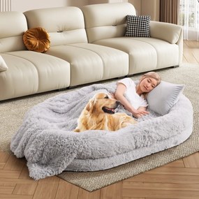 Cama de dormir lavável e fofa em pele sintética para animais de estimação e adultos com almofada 171 x 115 x 25 cm Cinzento