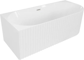 Mexen Gia banheira independente de canto canelada esquerda 150 x 75 cm, branco brilhante, transbordamento níquel escovado