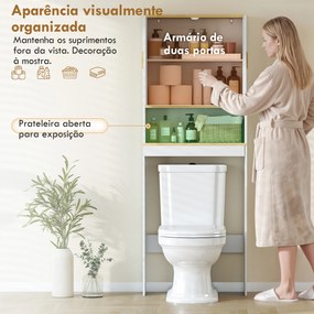 Móvel Sobre Sanita para Casa de Banho de 3 Níveis com Prateleira Aberta 2 Portas e Prateleira Ajustável 64x20x170,5 cm Branco