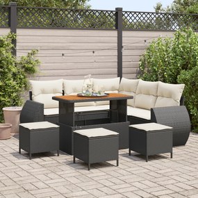 Conjunto de Sofá de Jardim de 9 Peças com Almofadas Pretas de Rattan PE Acácia