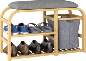 Banco para sapatos com almofada de assento, 2 prateleiras de ripas e cesto de tecido deslizante, 70x30x45 cm, madeira natural