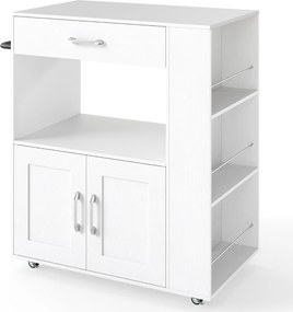 Carrinho de cozinha 75 x 46 x 90,5 cm com rodas bloqueáveis, cubo aberto dupla face, prateleiras laterais, gaveta, toalheiro branco