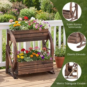 Floreira de Jardim em Forma de Carrinho, 56 x 33 x 56,5 cm, Elevada de 2 Níveis, Castanho