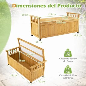 Banco de Jardim com Arrumação, 123 x 58 x 53 cm, Capacidade de Arrumação de 155 L, Natural