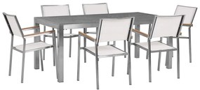 Conjunto de mesa com tampo granito polido cinzento 180 x 90 cm e 6 cadeiras brancas GROSSETO Beliani