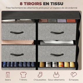 Cómoda de Arrumação, 86 x 30 x 94,5 cm, 8 Gavetas em Tecido, Cinzenta