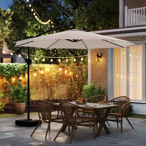Guarda-sol 300 x 260 cm com base, iluminação LED, 9 modos, ajuste fácil da inclinação, rotação de 360° Bege