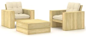 3 pcs conjunto lounge de jardim com almofadões pinho impregnado