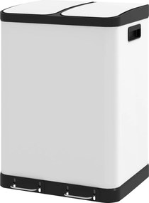 Caixote do lixo de cozinha 2 x 30 L com pedal em aço inoxidável, 2 compartimentos, tampa com fecho suave, 60 L, branco