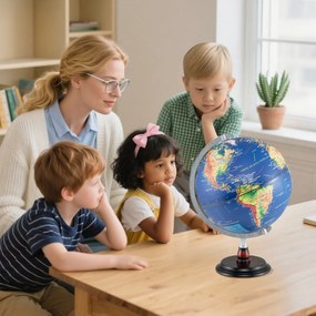 Globo Terrestre 32 x 32 x 45 cm Iluminado Lámpada de Noite com Suporte de Madeira e Mapa Transparente para Crianças e Adultos Azul