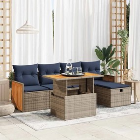 6 pcs conjunto sofás jardim com almofadões PE/acácia cinzento