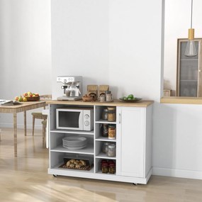 Mesa de apoio para ilha de cozinha com rodas 129 x 51 x 93 cm, 7 compartimentos, 1 armário, 1 porta, 1 porta para panos de cozinha, , em madeira e bra