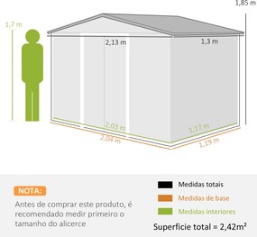 Abrigo de Jardim 2,42 m 213x130x185 cm Abrigo de Jardim Metálico para Armazenamento com 2 Portas Deslizantes e 4 Janelas Cinza Claro
