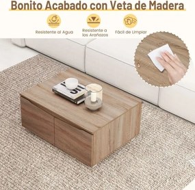 Mesa de centro rústica 80 x 60 x 37 cm baixa com arrumação com 4 portas e abertura em 2 direções castanha