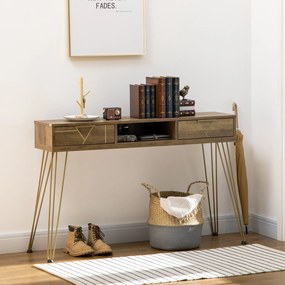 HOMCOM Consola Móvel de Entrada com 2 Gavetas Prateleira Aberta e Pés de Aço para Sala de Estar Corredor Estilo Moderno 120x29x79cm Madeira e Bronze