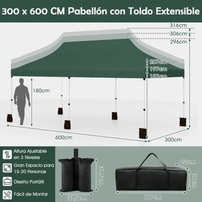 Tenda Pop Up Festas, Feiras, Jardim dobrável de 3 x 6 m com bolsa de transportee 6 sacos areia, portátil para festas com altura ajustável verde