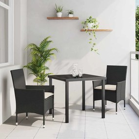 vidaXL Conjunto de Jantar de Jardim de 3 Peças com Almofadas Pretas em Rattan Sintético