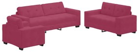 Conjunto de Sofá 3 Peças com Almofadas Vermelho Vinho em Veludo