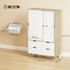 Roupeiro Moderno com Portas de Correr Varão Prateleiras Ajustáveis e 4 Gavetas cor Carvalho e Branco