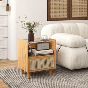 Mesa de cabeceira, Mesa de apoio de bambu e rattan com gaveta e pernas de madeira maciça 43 x 35 x 50 cm Natural