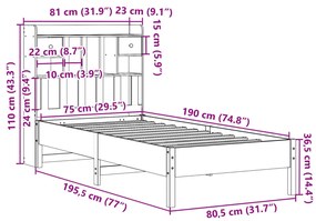 Cama com estante sem colchão 75x190 cm pinho maciço branco