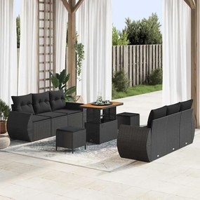 vidaXL Conjunto de Sofá de Jardim com almofada 9 pcs Preto vime PE